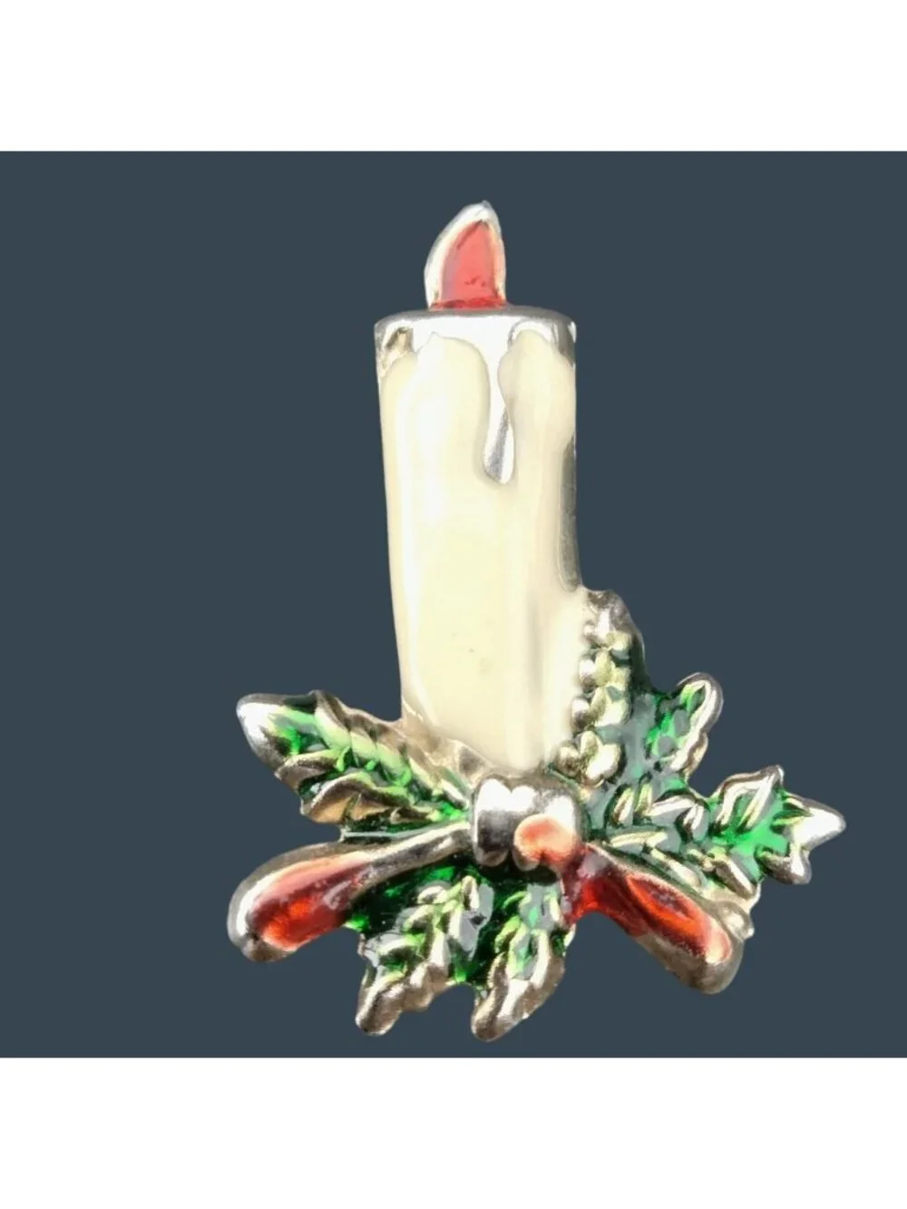 Christmas Candle Pin Brooch Vintage Holiday Jewelry Pine Bow Ribbon Metal Enamel